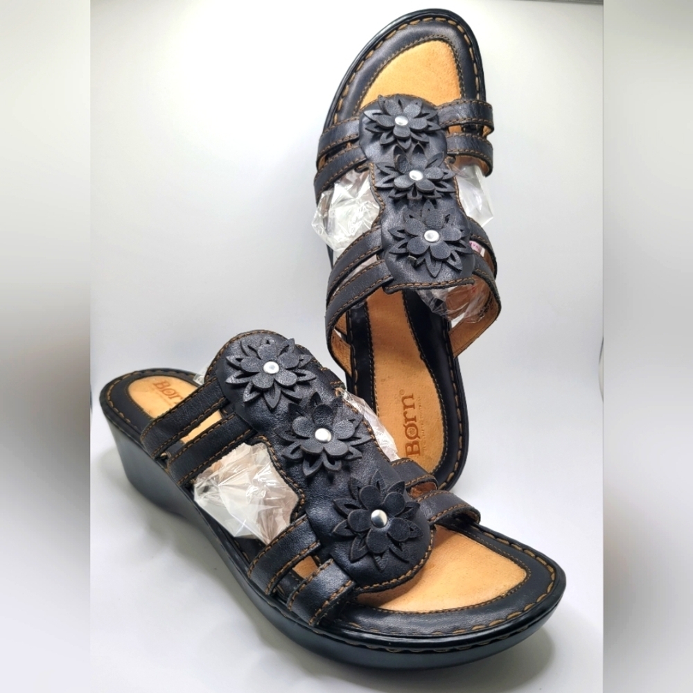 Born Black Floral Leather Wedge Sandals